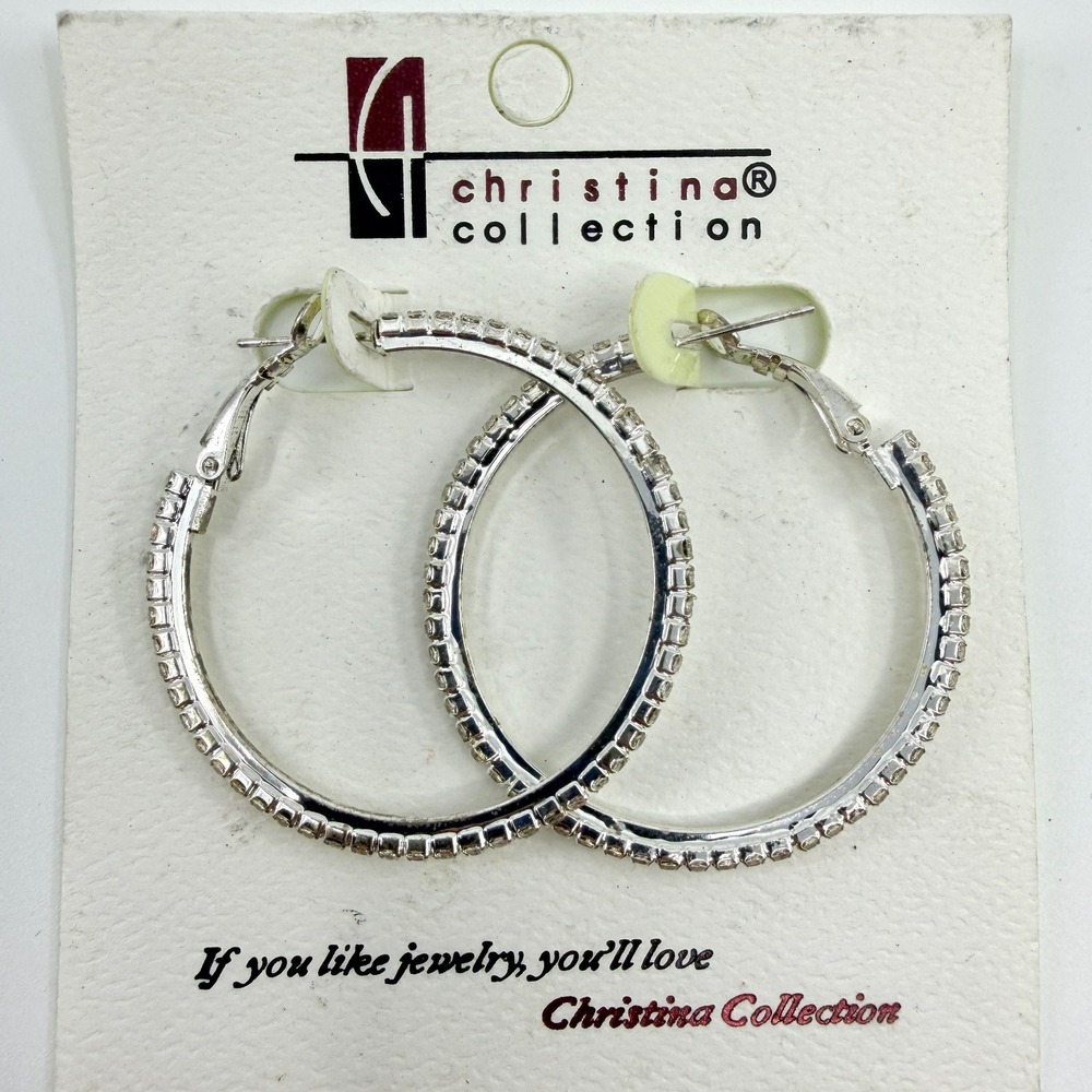 Christina Collection Silver Tone Rhinestone Hoop Earrings Y2K Statement Gift